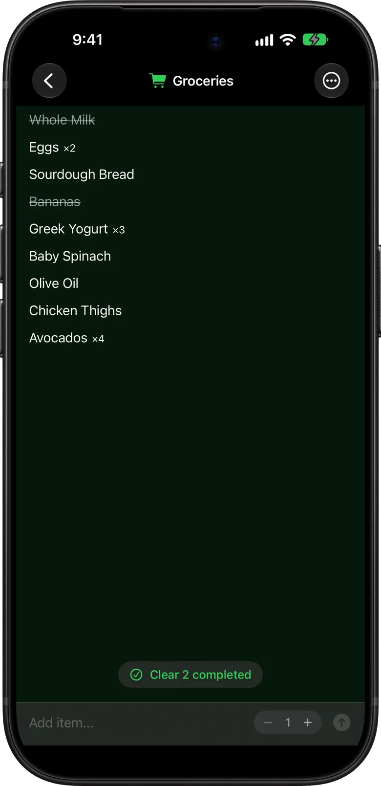 A Groceries list open in Nimble List in dark mode