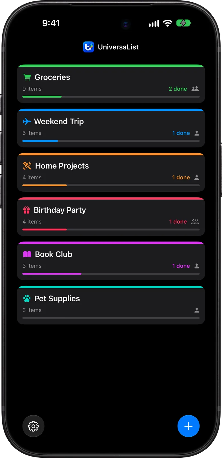 Nimble List in dark mode showing the list of lists