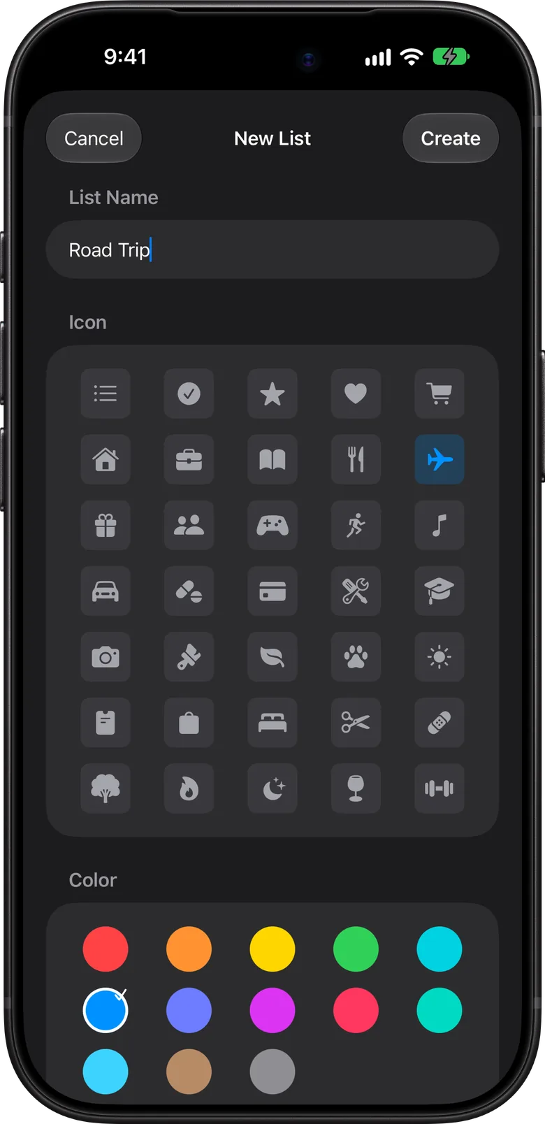 The New List sheet in dark mode