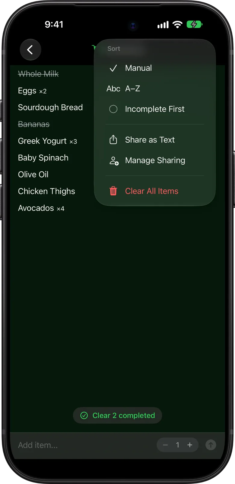The list menu in dark mode