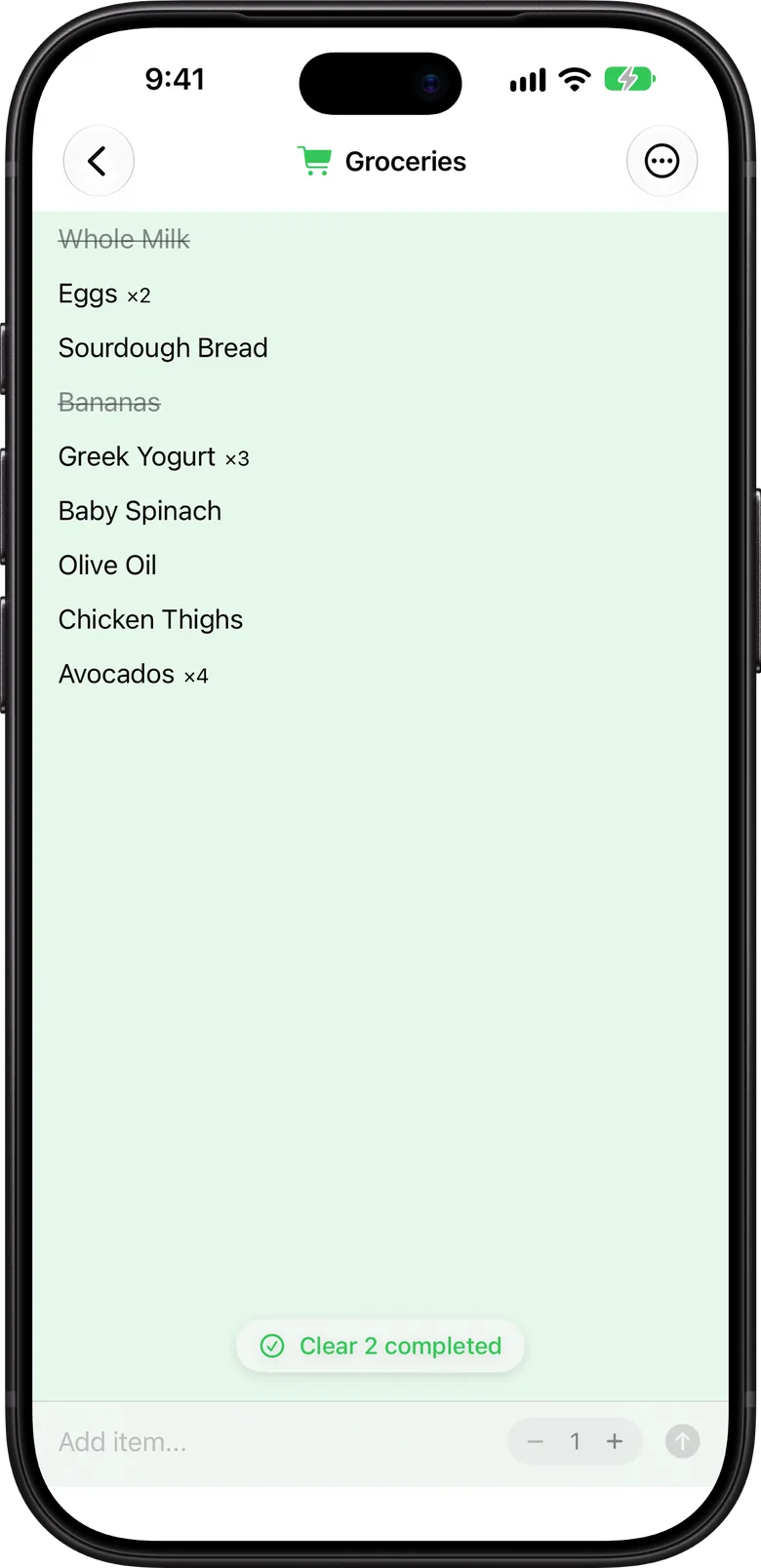 A Groceries list open in Nimble List with some items checked off