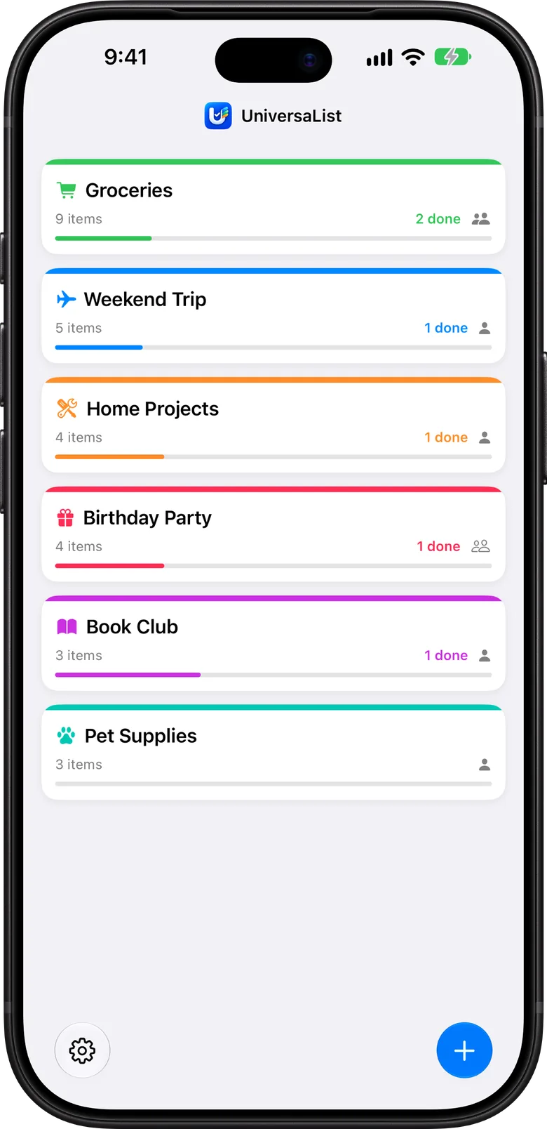 Nimble List showing six lists: Groceries, Weekend Trip, Home Projects, Birthday Party, Book Club, and Pet Supplies