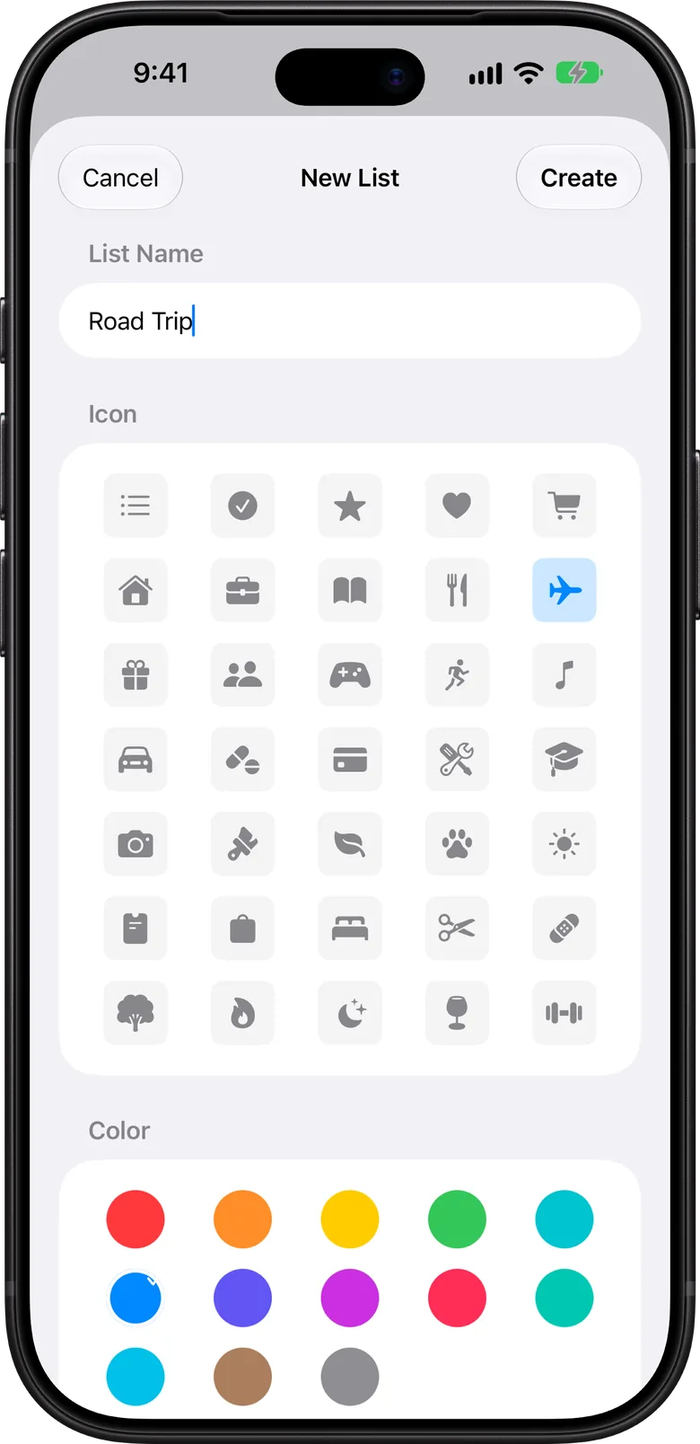 The New List sheet with icon and color pickers