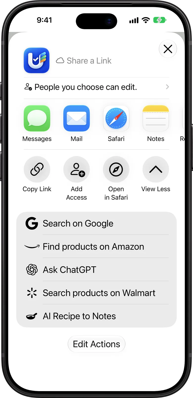 The share sheet for inviting people to collaborate on a Nimble List list