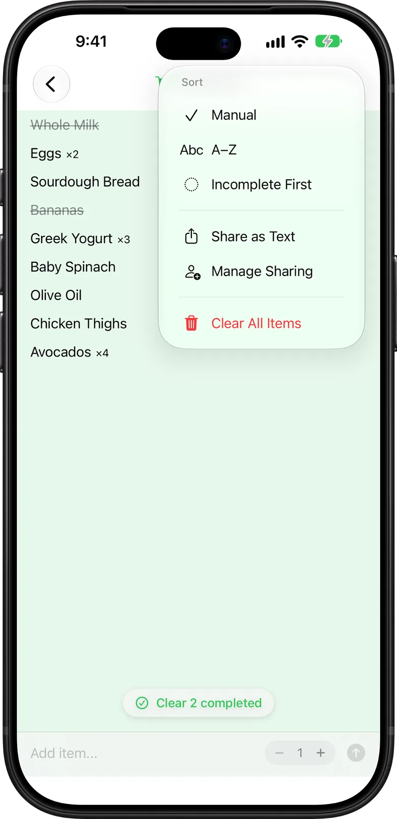 The list menu with sort options, Share as Text, and Manage Sharing
